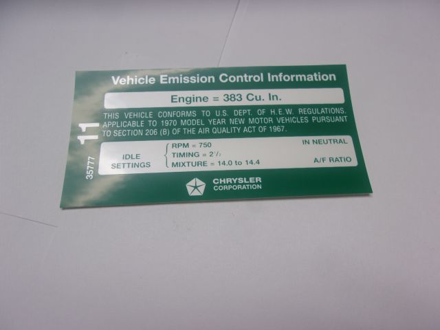 1970 383-4 AT EMISSIONS DECAL AFTER 1-1-70