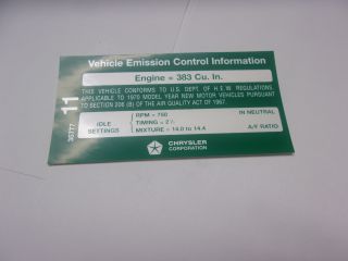 1970 383-4 AT EMISSIONS DECAL AFTER 1-1-70