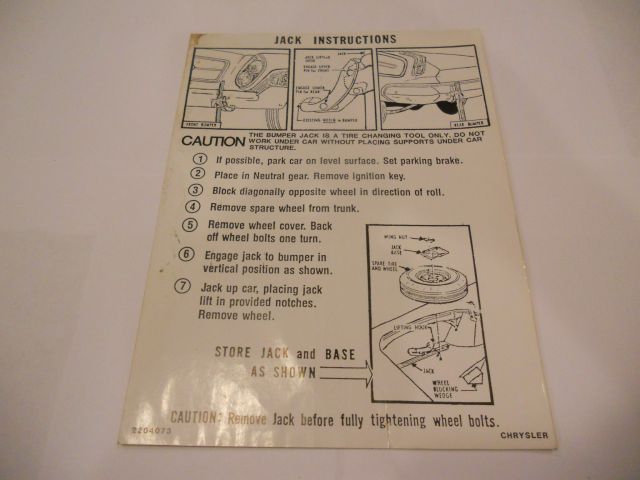 1962 CHRYSLER JACK INSTRUCTIONS