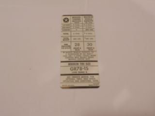 1975-76 CHRYSLER PRODUCTS GR78X15 TIRE PRESSURE DECAL