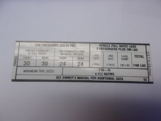 1968 B-BODY HEMI F70X15 TIRE PRESSURE DECAL