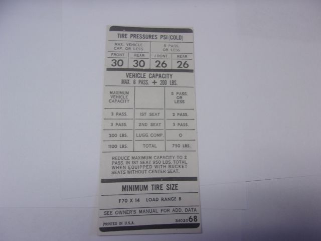 1970 B BODY (EXCEPT CHARGER) F70X14 TIRE PRESSURE DECAL