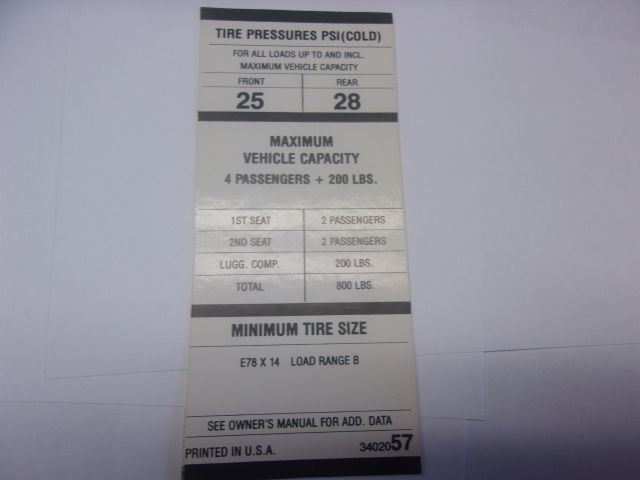 1970 DUSTER/DART E78X14 TIRE PRESSURE DECAL