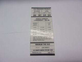 1971 E BODY CONVERTIBLE 735X14 TIRE PRESSURE DECAL