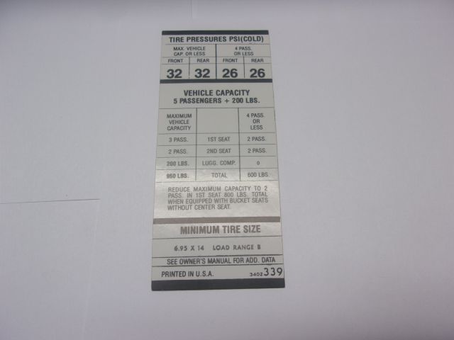 Herbs Parts 1971-72 DODGE SWINGER 695 X 14 TIRE PRESSURE DECAL, Tire ...