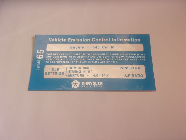 LATE 1971 340 EMISSIONS Decal