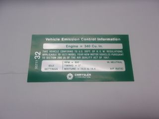 1971 340 AUTO (EARLY) EMISSIONS DECAL